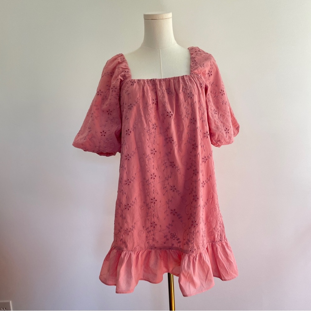Zara‎ Square Neck Embroidery Mini Boxy Dress Small Puff Sleeves Cottage Romantic